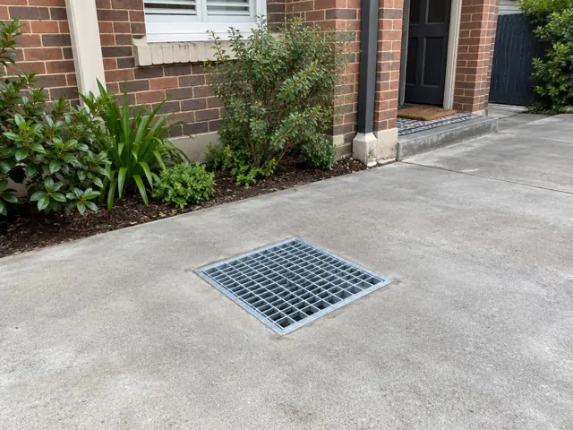 Concrete driveway with a square grated outdoor drain beside brick house paving in Crows Nest