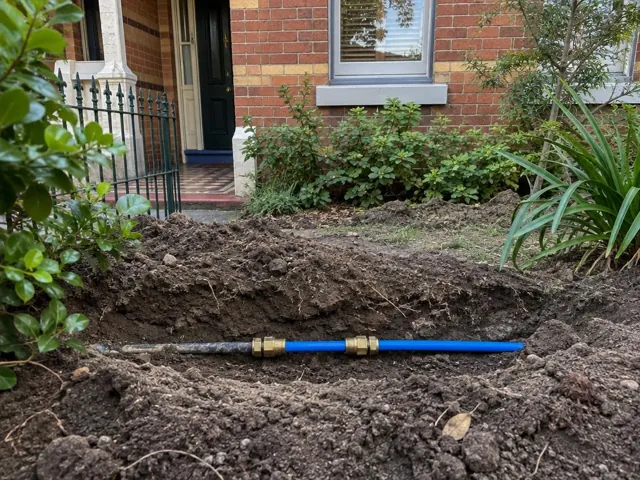 Exposed repaired water pipe in an outdoor garden trench beside a brick house in Waverton