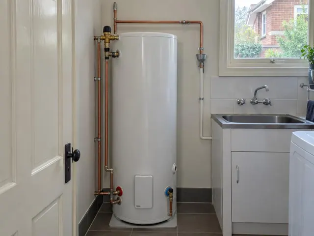 Hot water cylinder beside a laundry sink with copper pipework and tiled floor in Neutral Bay